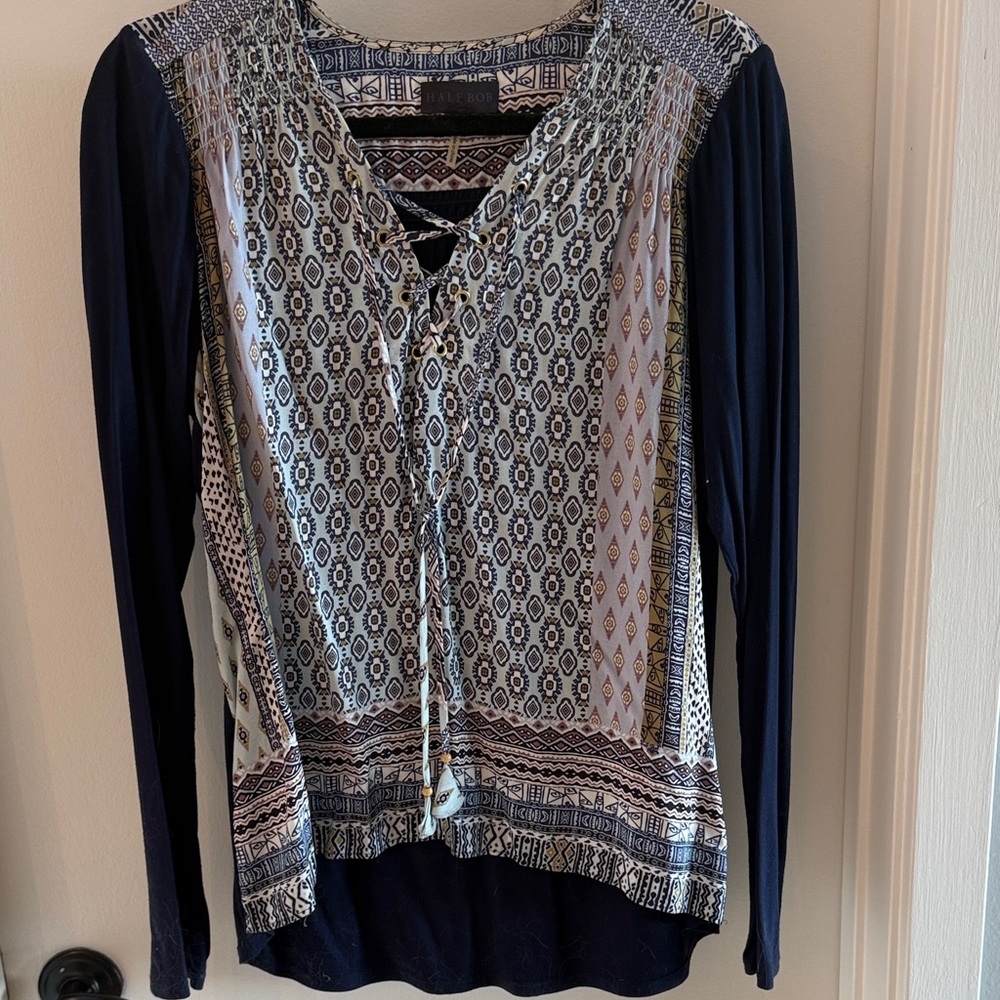 Hale Bob Navy and White Patterned Blouse